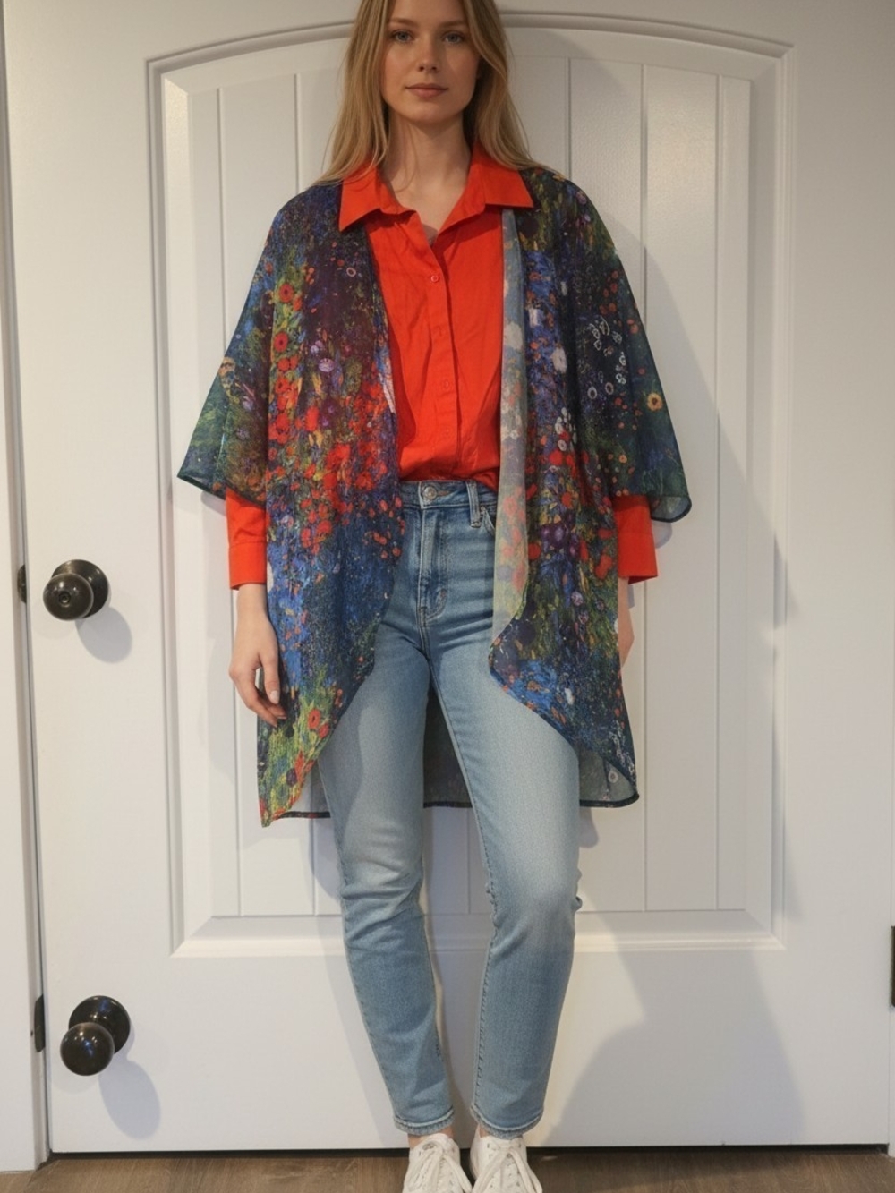 2 Pc Coldwater Creek Size L 14 Orange Blouse & Floral Sheer Kimono Topper Set